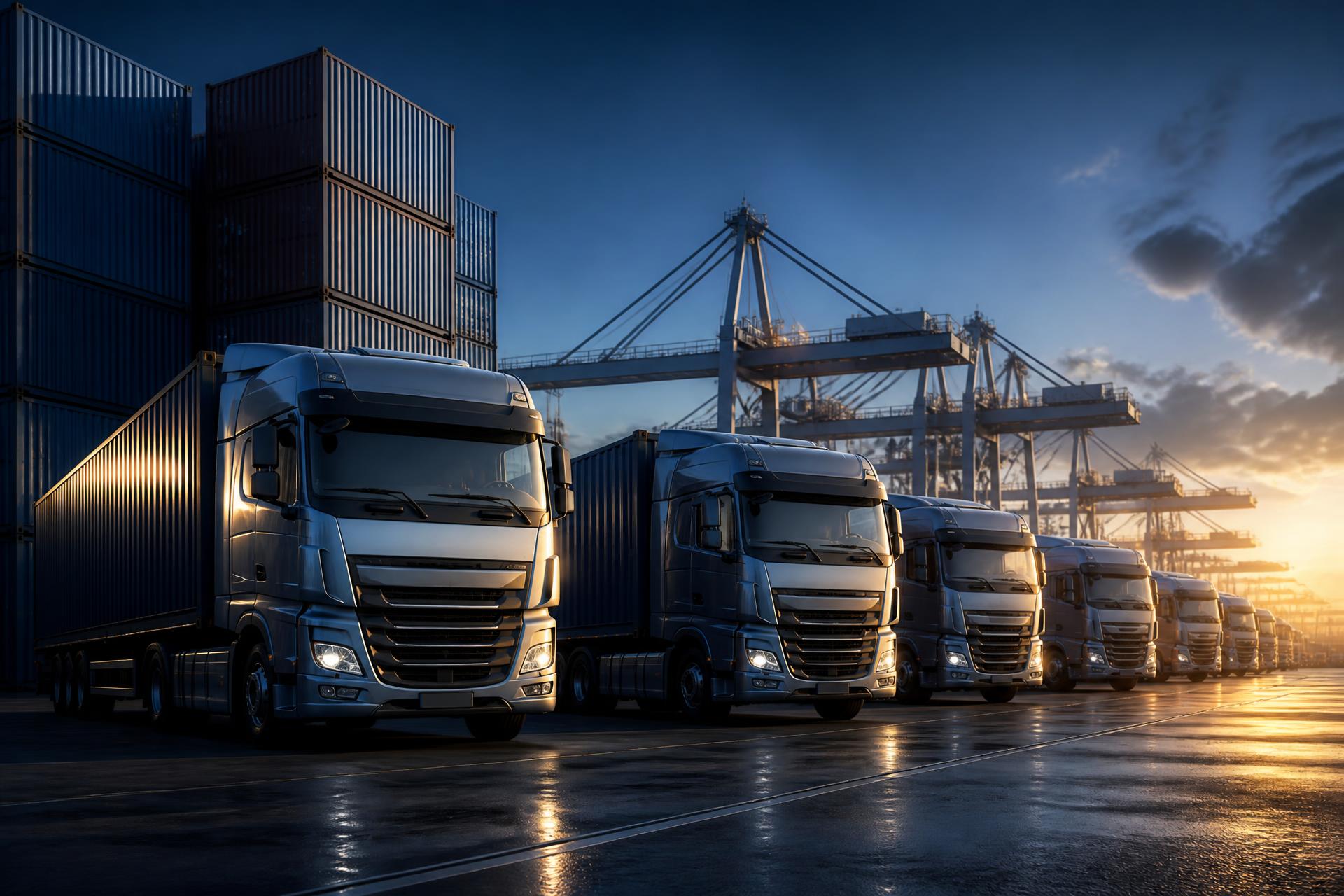 Fleet of heavy haul trucks at an industrial container port